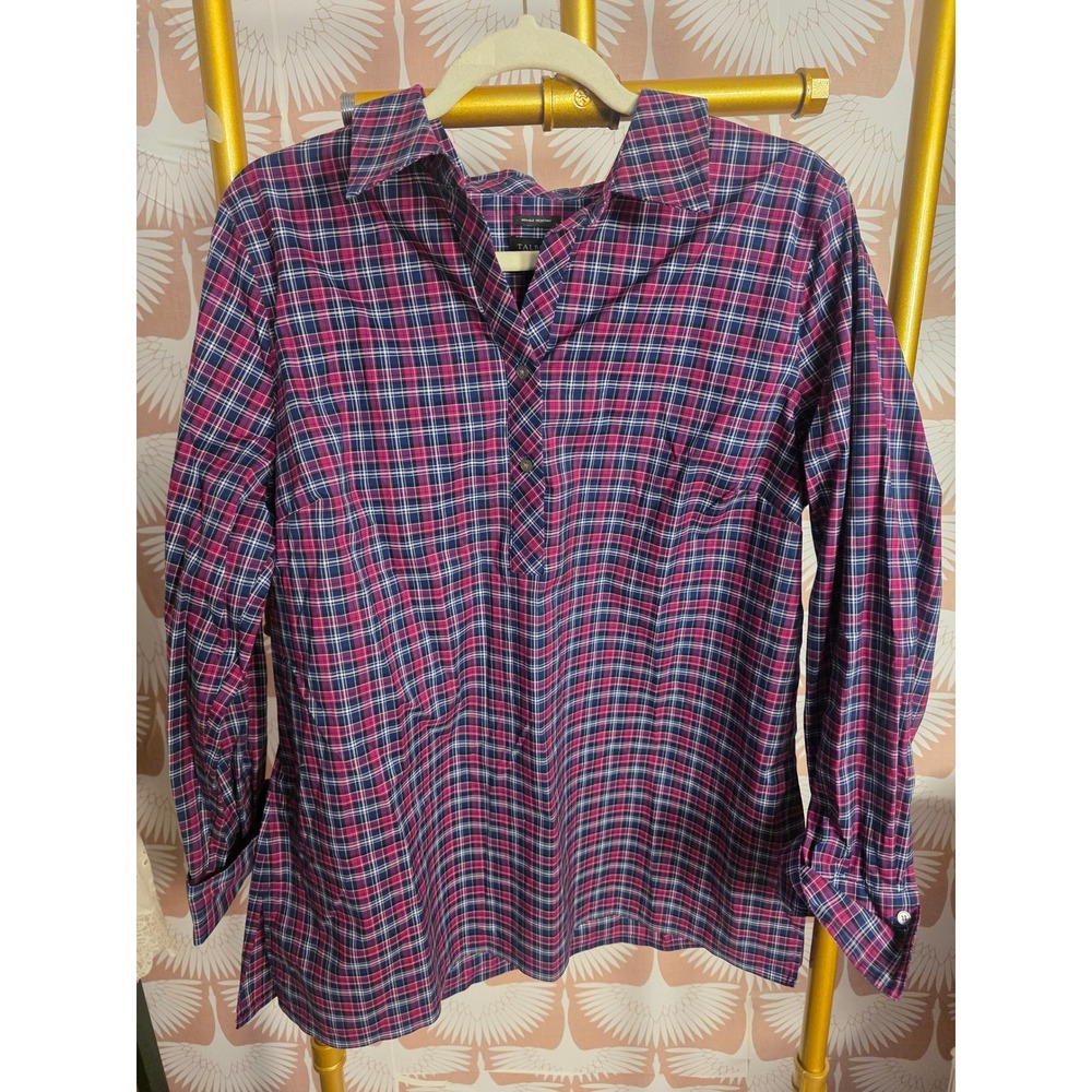 Talbots Purple Pink Navy Plaid Wrinkle Resistant Half Button Blouse Womens Sz 16